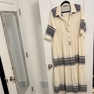 Milla Cream Maxi Shirt Dress with Black Striped Details